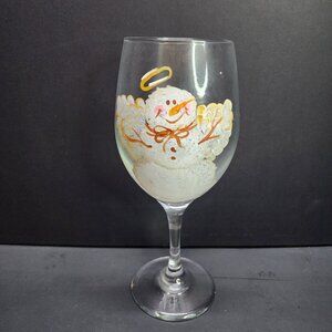 Hand Painted Snowman Angel Clear Stemmed Wine Glass 9'' Tall